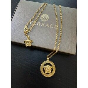 Versace Signed Men Medusa Greca Head Medallion Pendant Necklace Chain